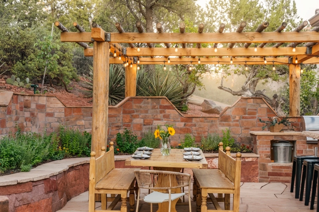 Wooden dining table under a pergola and outdoor kitchen bar set against a lush Sedona landscape.