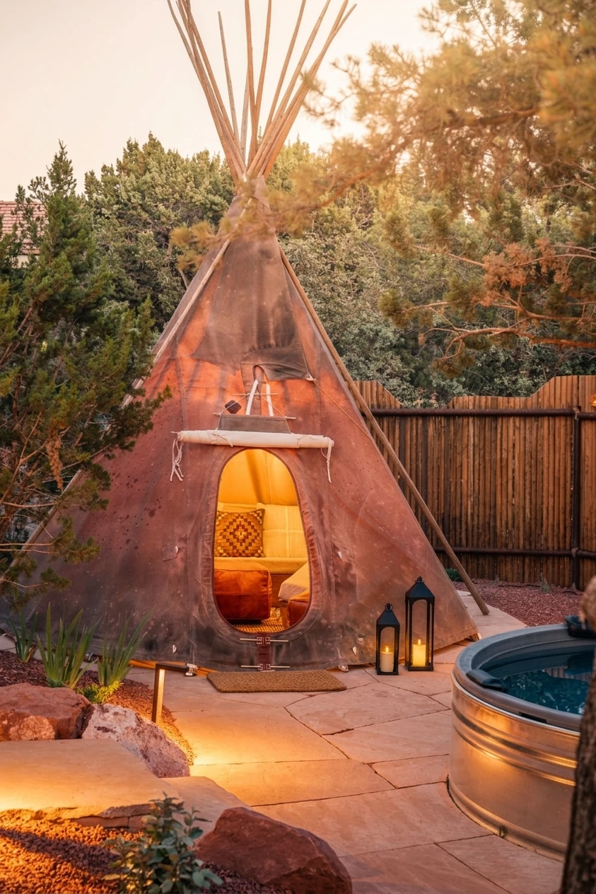 Couple toasts with drinks in a cedar soaking tub on a stone patio surrounded by Sedona's red rocks.
