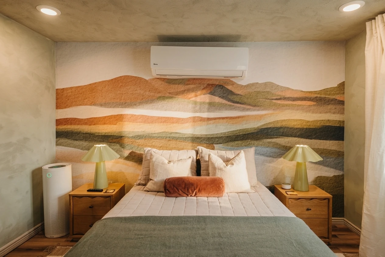 Sage green bedroom with air purifier, armchair, and white linens. Sedona luxury short-term rental feature.