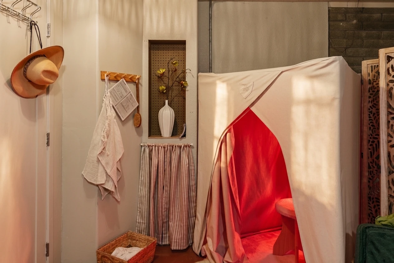 Massage table and portable infrared sauna in a wellness room with a mountain landscape mural.